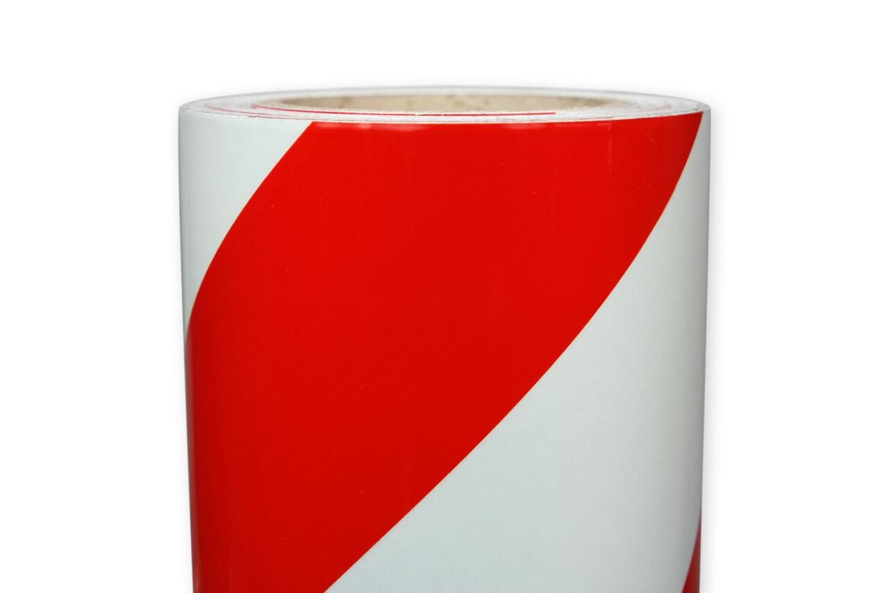 Detailansicht: Rolle Orafol ORALITE 5431 Industrie-Warnfolie rot-weiß diagonal, 600mm, rechtsweisend