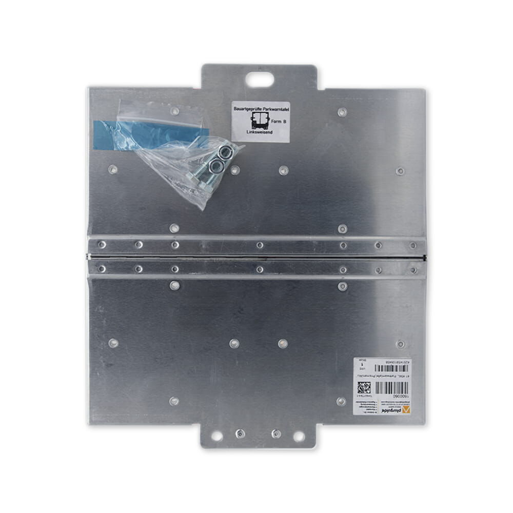 Rückseite der klappbaren Parkwarntafel aus Aluminium, Montageplatte sichtbar
