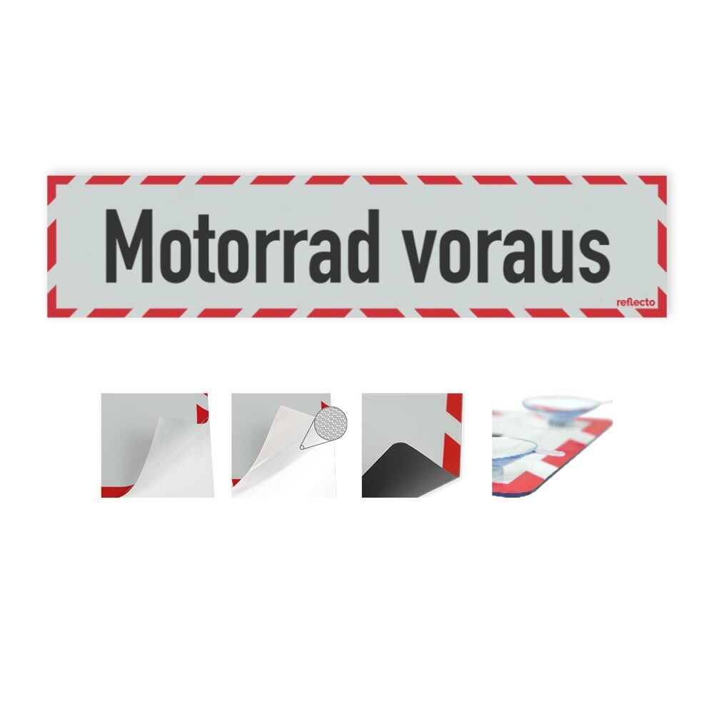 Hinweisschild „Motorrad voraus“ mit rot-weißem Rahmen, Variantenübersicht