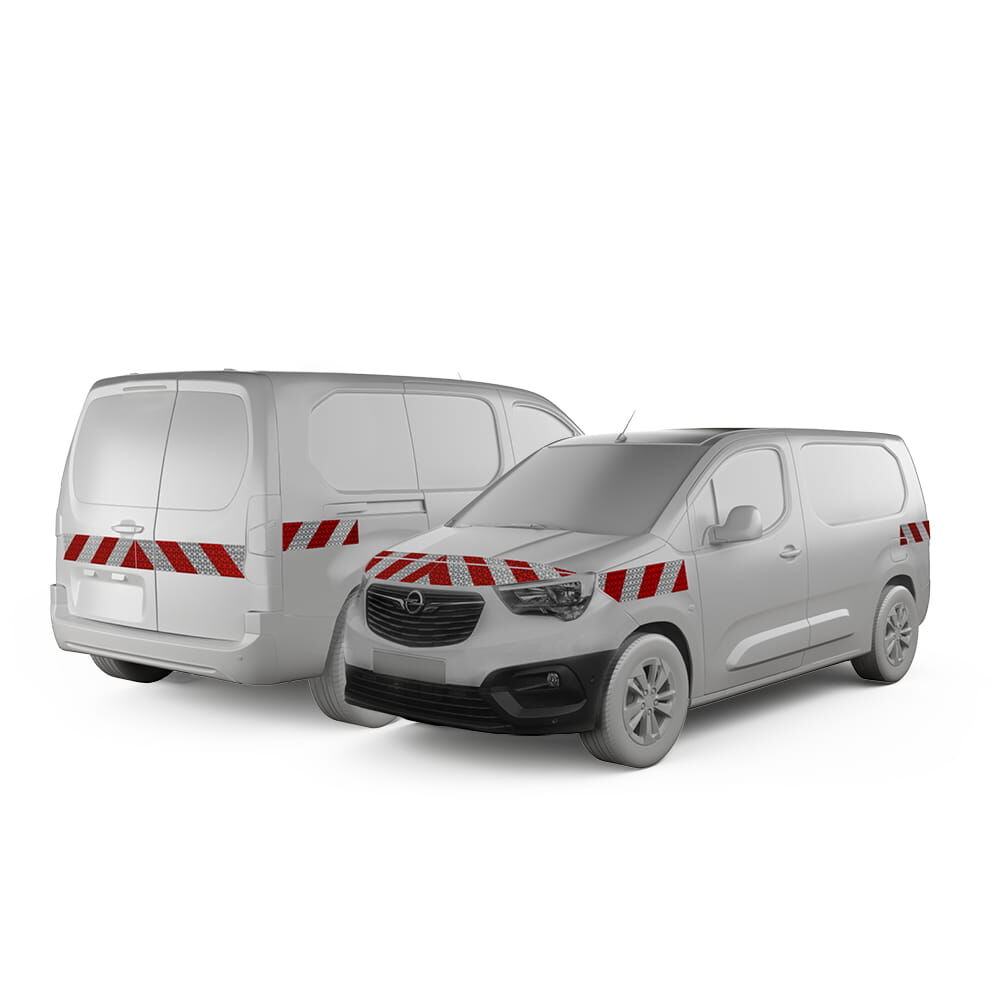 Opel Combo-e Cargo XL in Front- und Heckansicht mit Komplettwarnmarkierungssatz, Baujahr 2018