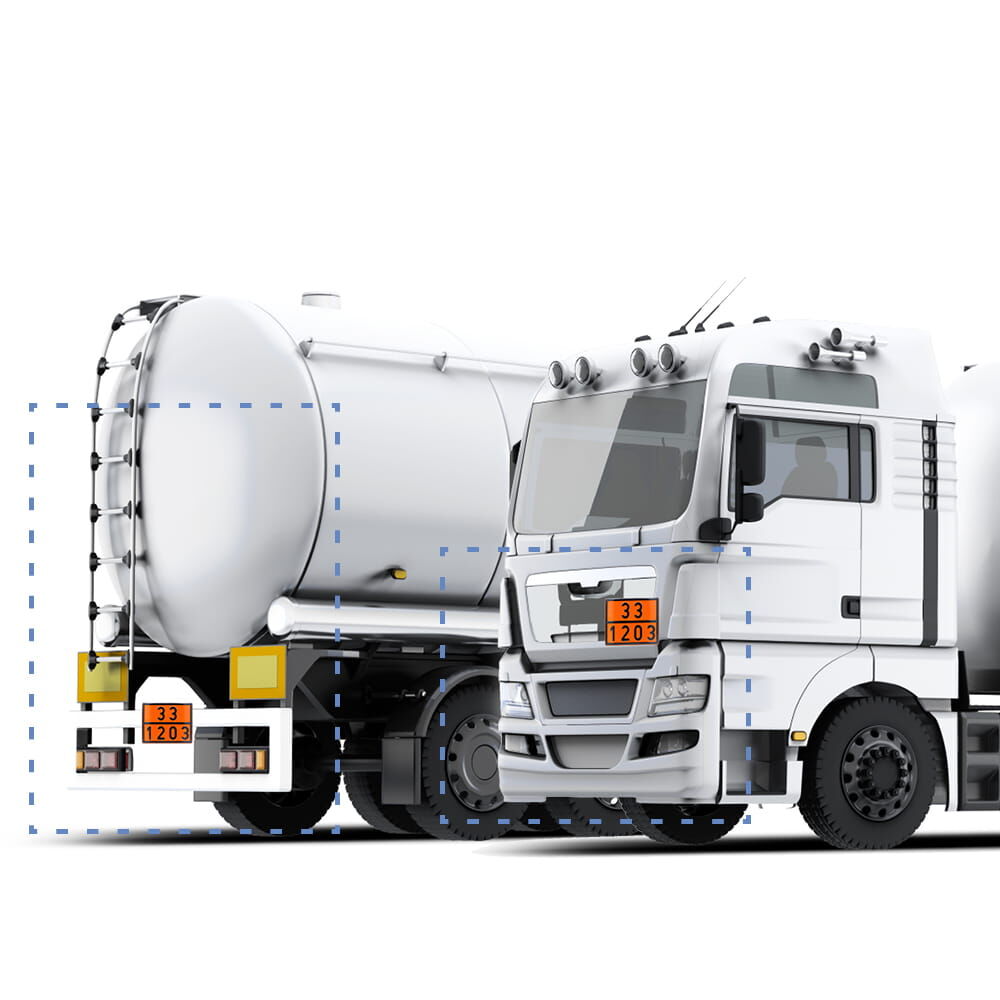 Illustration: Positionierung einer ADR Gefahrguttafel 33 / 1203 an LKW-Sattelzug (Front + Heck)