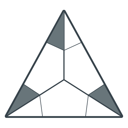 Geometrische Illustration eines großen Dreiecks mit drei kleineren grauen Dreiecken in den Ecken