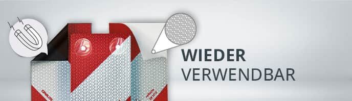 Detailansicht reflektierender, wiederverwendbarer Kfz-Warnmarkierung mit Magnet- und Saugnapfsymbol.