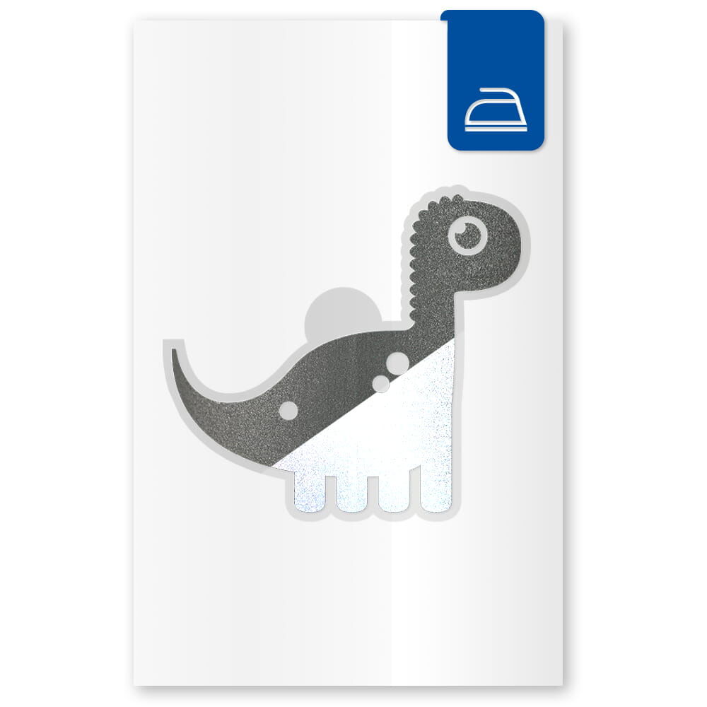 Schwarzer Dino-Aufbügel-Sticker auf Trägerfolie mit Bügeleisen-Icon
