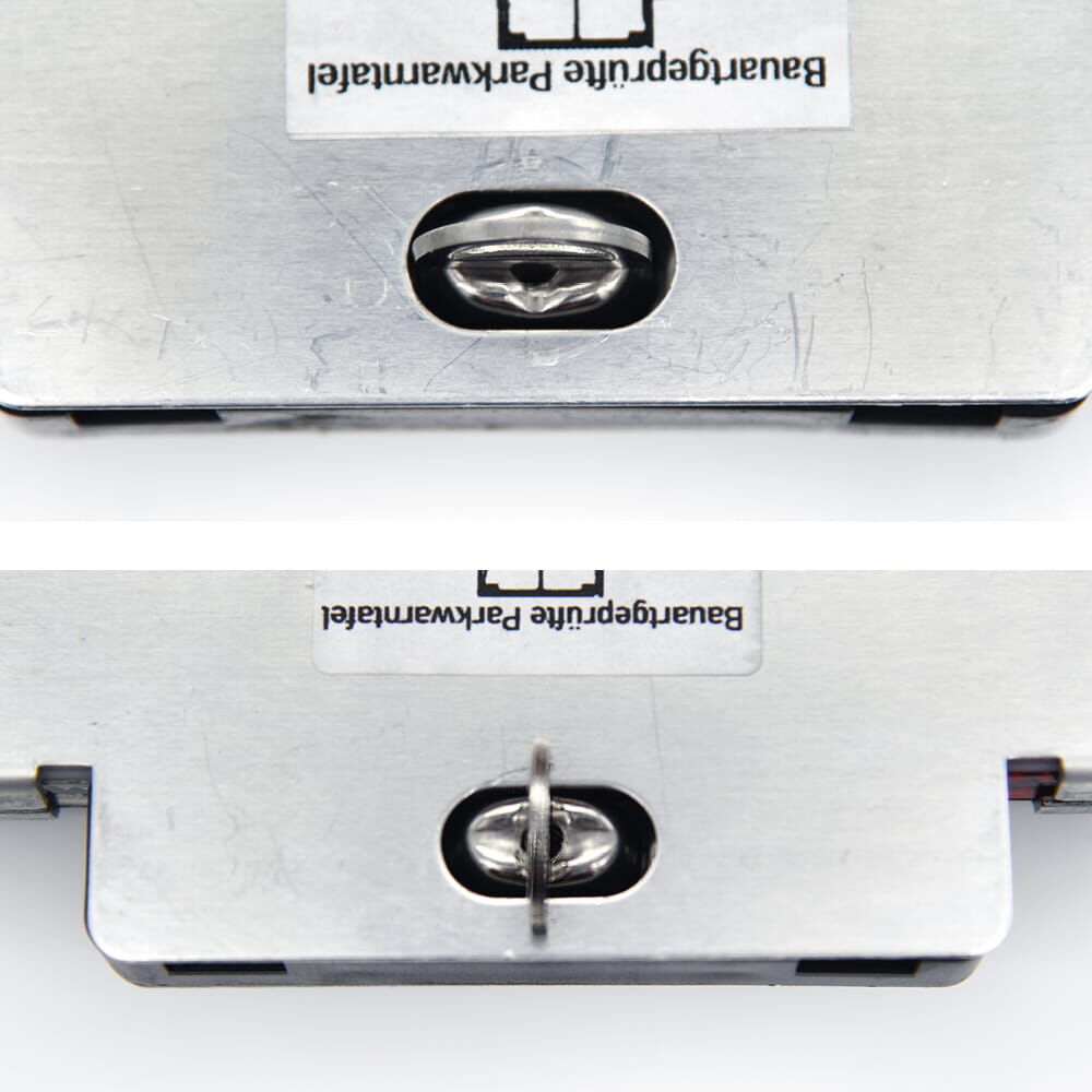 Detail Rückseitenverschluss: Schließmechanismus offen und geschlossen
