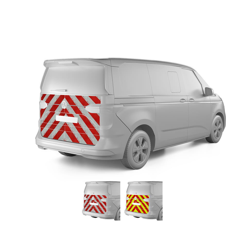 VW T7 Multivan, Baujahr 2021, Heckwarnmarkierung mit Variantenvorschau der Farben