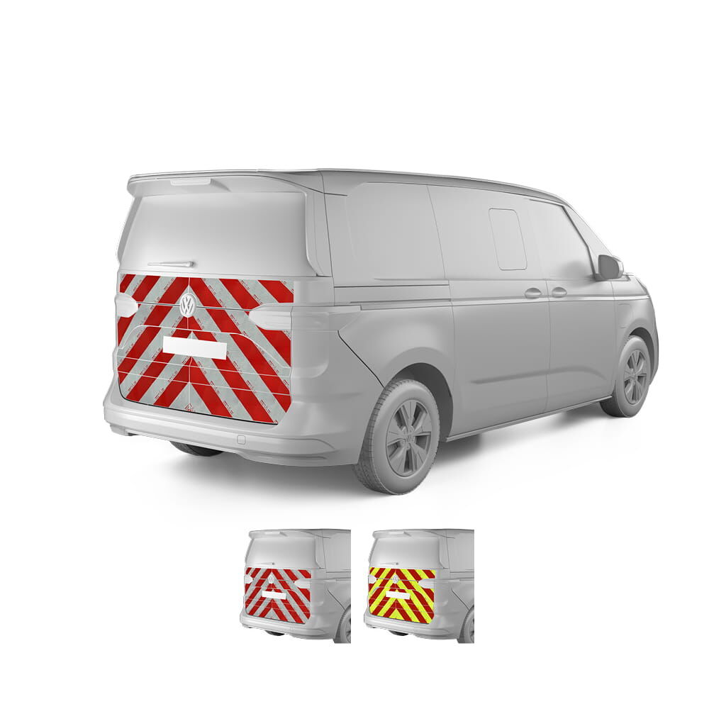 VW T7 Multivan, Baujahr 2021, Heckwarnmarkierung mit Variantenvorschau der Farben