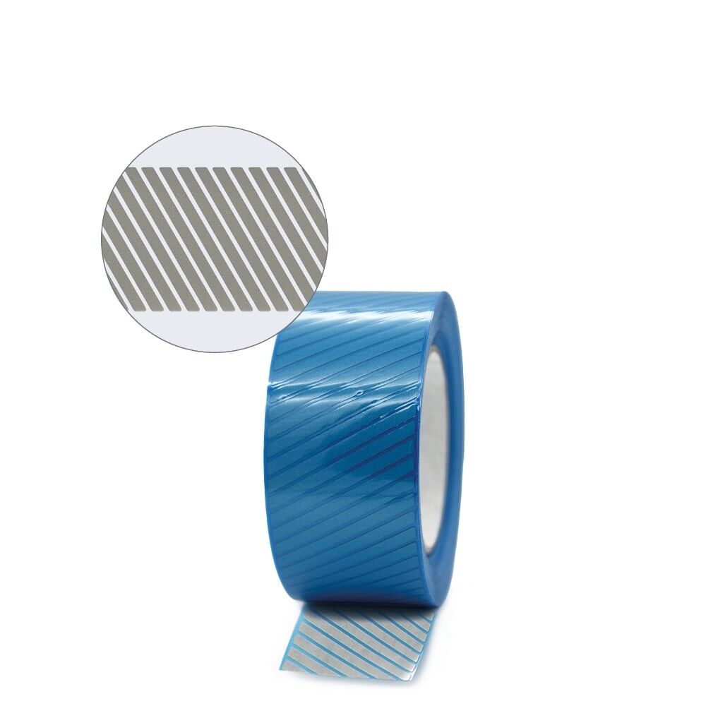 Frontale Ansicht 25 m 3M Scotchlite 5510 Rolle, silber mit blauem Liner. Detailzoom mit Segmenten