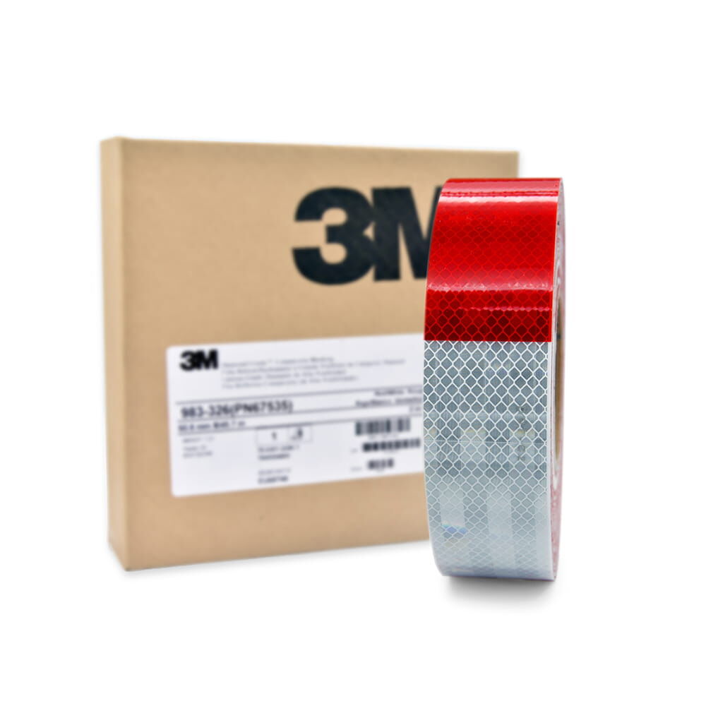3M 983-326 rot/weiß, 45,7 m Großrolle vor Original-3M Versandkarton.