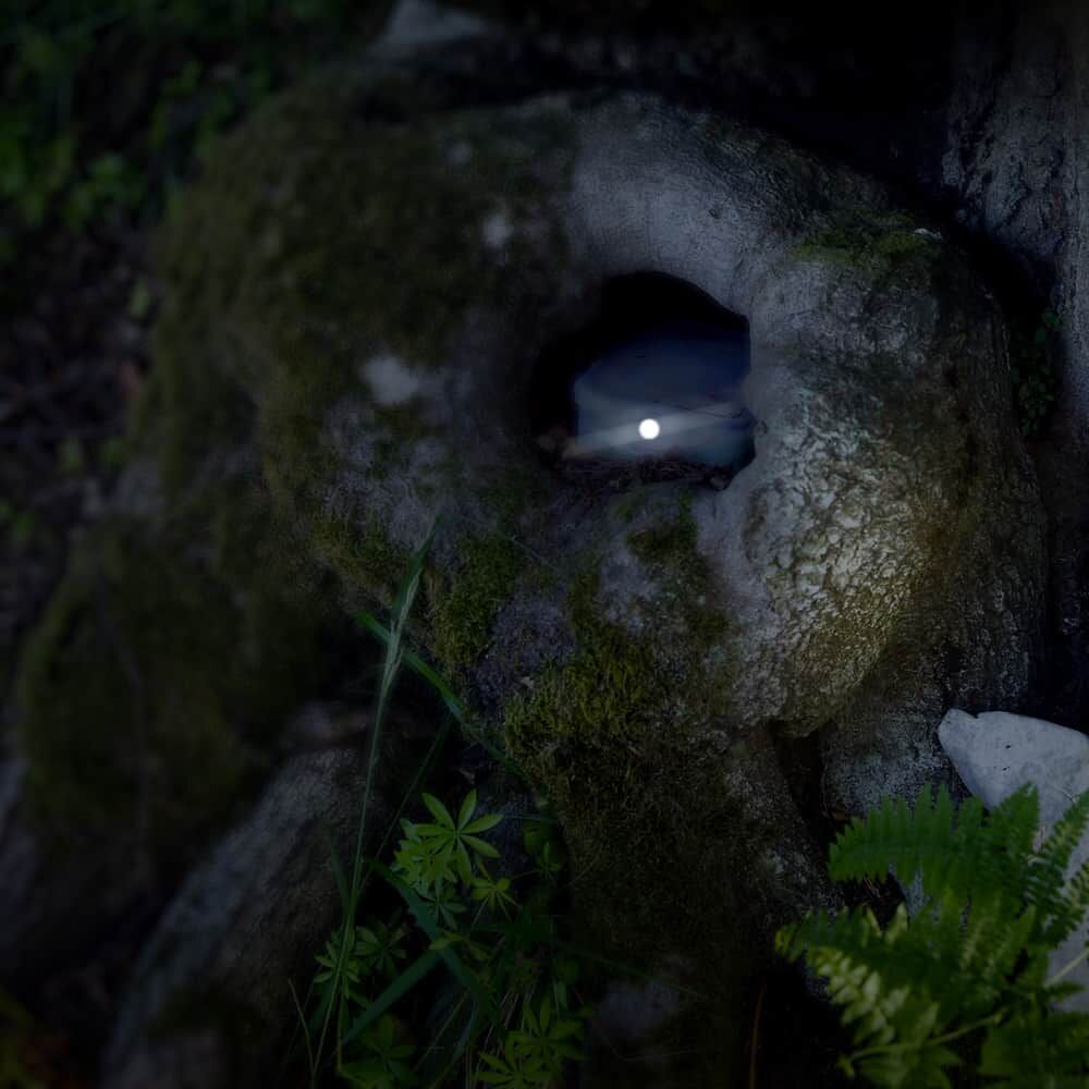 Silberner Geocaching Reflektor markiert Versteck bei Nacht