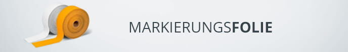 Banner mit der Aufschrift "MARKIERUNGSFOLIE" und einer gelben und weißen Rolle 