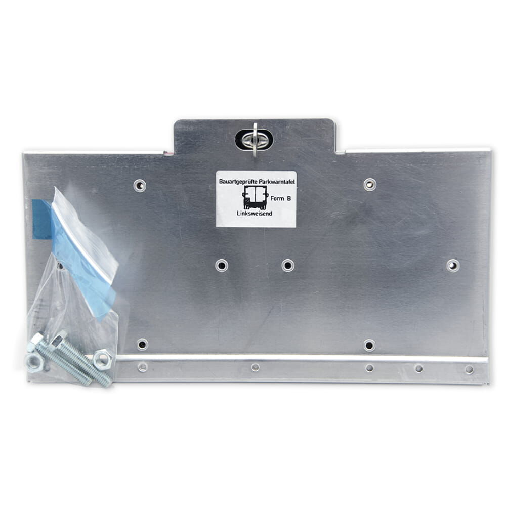 Rückseite mit Montagezubehör (Schrauben/Muttern) im Beutel, Typenschild sichtbar