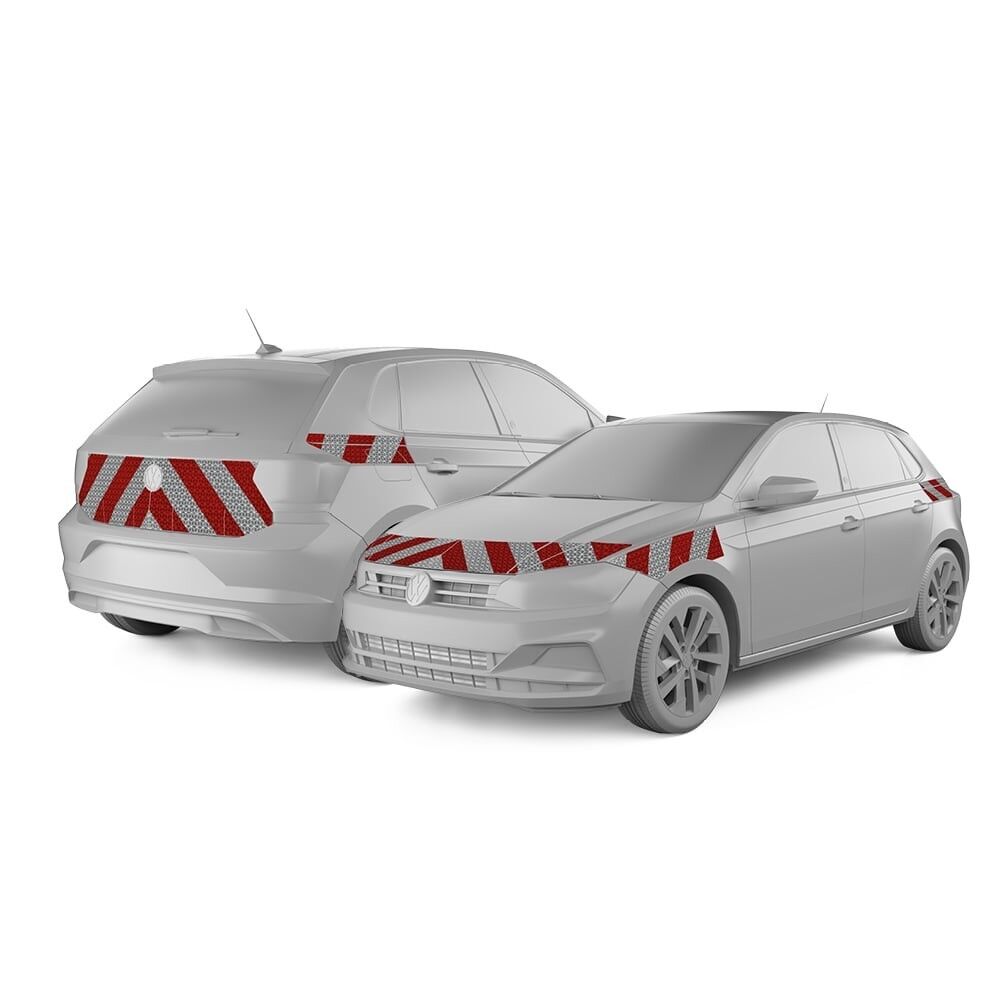 VW Polo in Front- und Heckansicht mit Komplettwarnmarkierungssatz, Baujahr 2017
