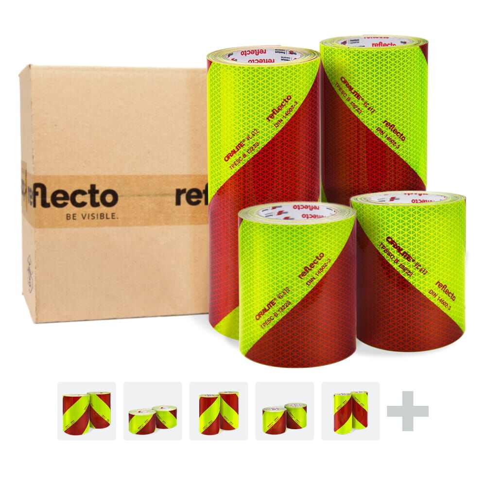reflecto VC612 Warnmarkierung fluor-lime/rot mit Rollenvarianten und Übersicht