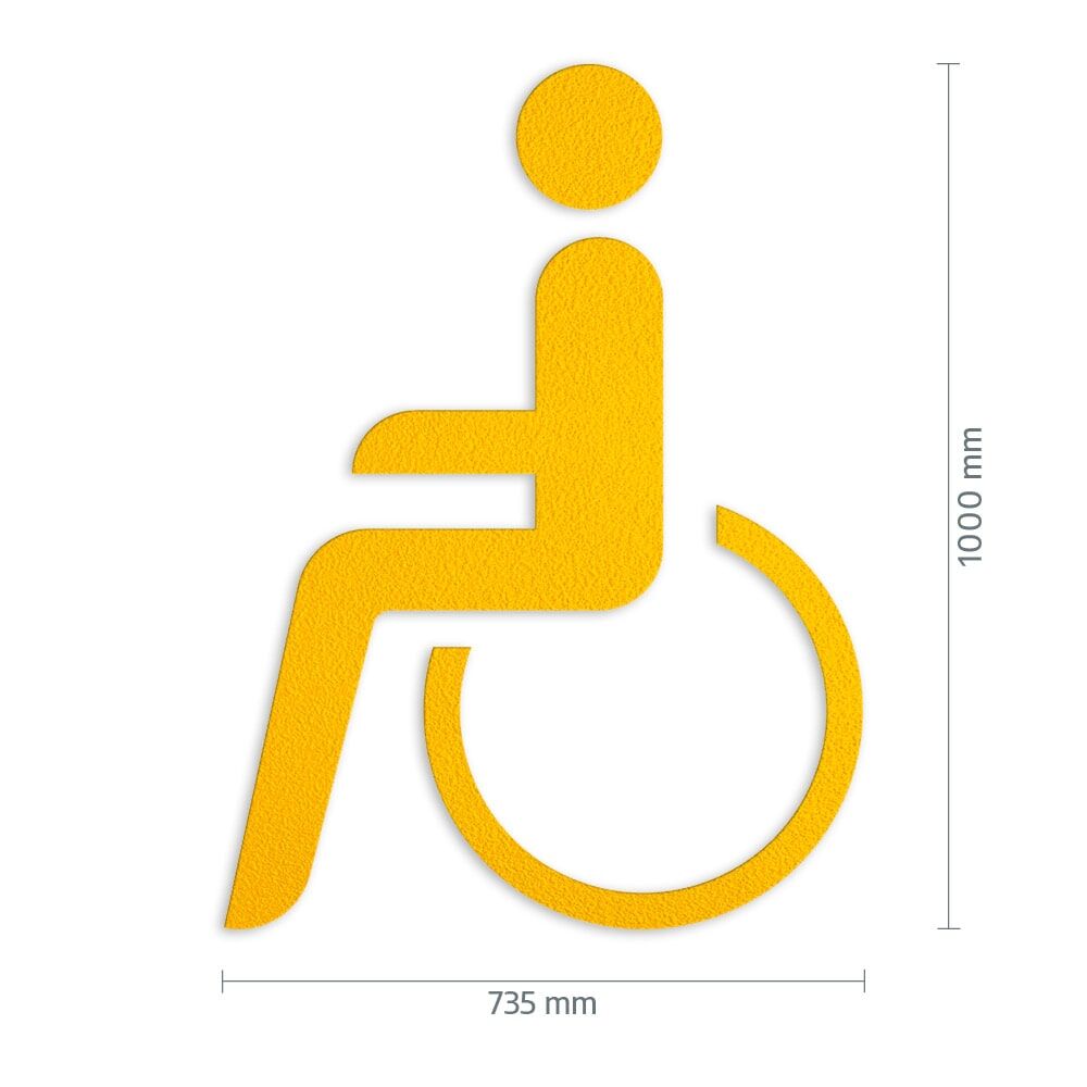 Gelbes Rollstuhlsymbol 1000 × 735 mm mit Maßangaben für Bodenmarkierung