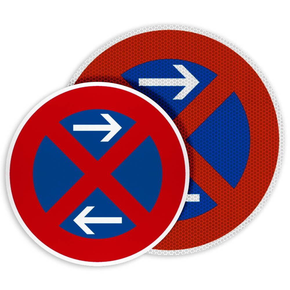 Haltverbot-Schild VZ 283 mit Pfeilen links/rechts; Paaransicht RA1, RA2