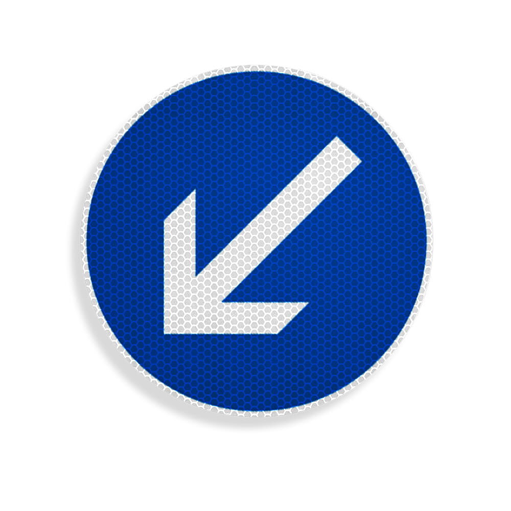 Einzelschild VZ 222-10: blauer Kreis, weißer Pfeil nach links unten