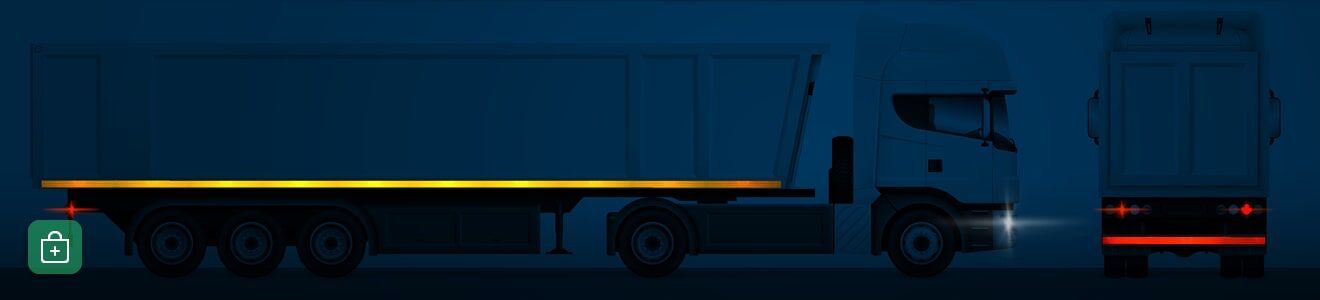 Eine Seitenansicht eines LKWs mit Anhänger in der Nacht, linienmarkiert durch gelbe und rote Konturmarkierungen.