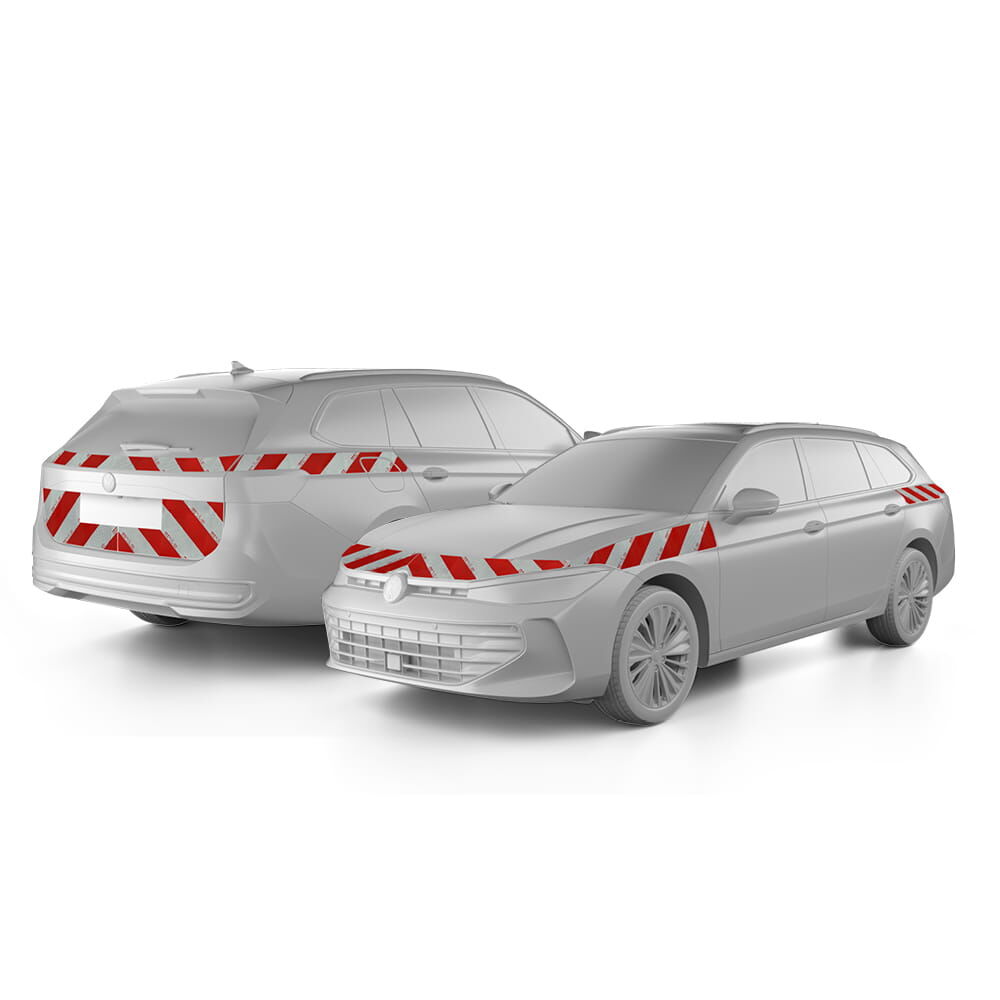 VW Passat Variant B9 in Front- und Heckansicht mit Komplettwarnmarkierungssatz, Baujahr 2024