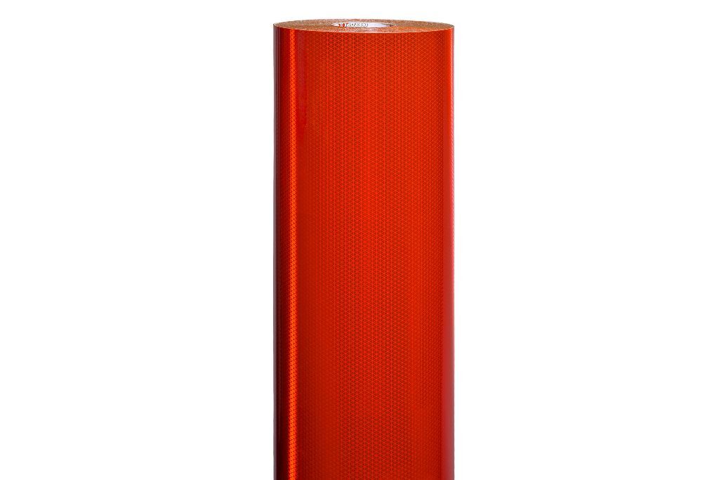 Großrolle der fluoreszierend rotorangenen ORAFOL VC 612 Reflexfolie mit Prismenstruktur