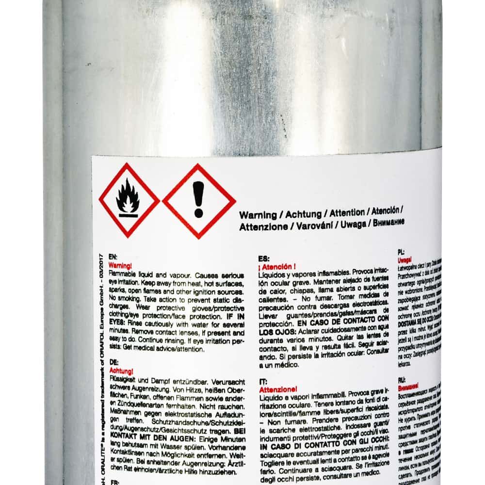 Detailaufnahme ORALITE 5095REM Etikett mit Gefahrensymbolen und Warnhinweisen