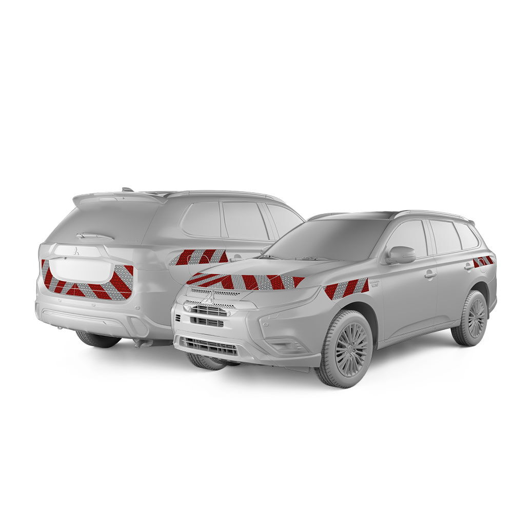 Mitsubishi Outlander in Front- und Heckansicht mit Komplettwarnmarkierungssatz, Baujahr 2018