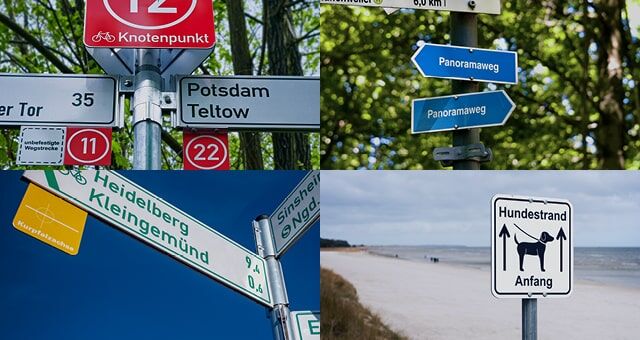 Verschiedene touristische und Wanderweg-Schilder in Stadt, Wald und Küste