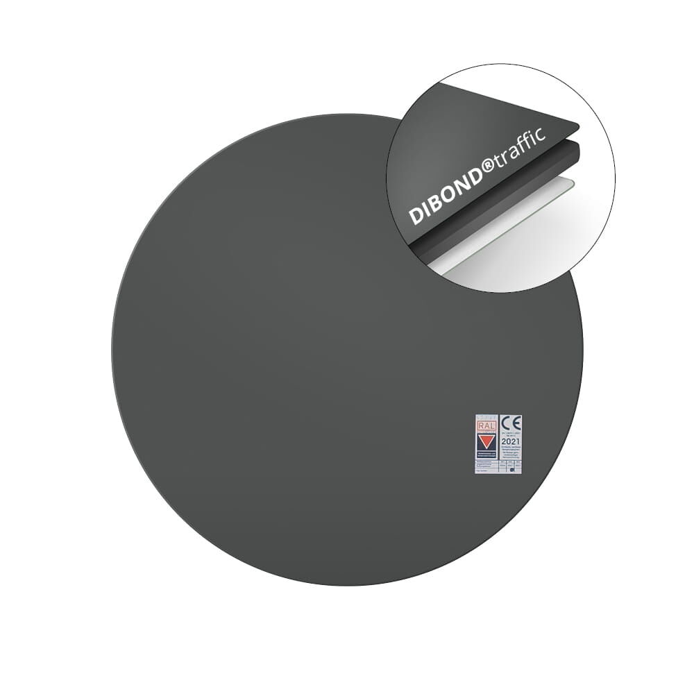 Rückseite des Schildes mit Detailansicht der Dibond®traffic Schichten