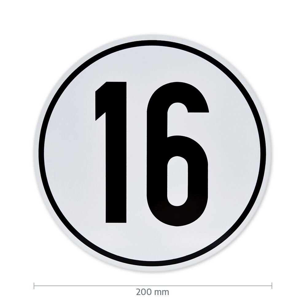 Geschwindigkeitsschild 16 km/h mit Maßangabe 200 mm Durchmesser