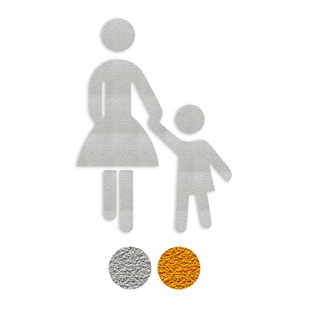 Mutter-Kind Piktogramm in Weiß; Farbmuster-Kreise unten zeigen Weiß und Gelb