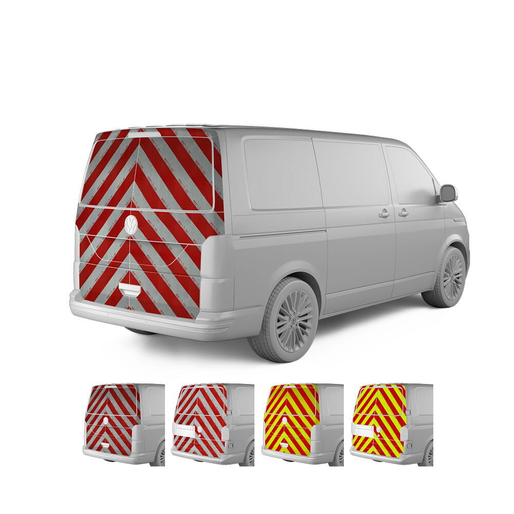 VW T6/T6.1, Baujahr 2024, Heckwarnmarkierung mit Variantenvorschau der Farben und Karosserie