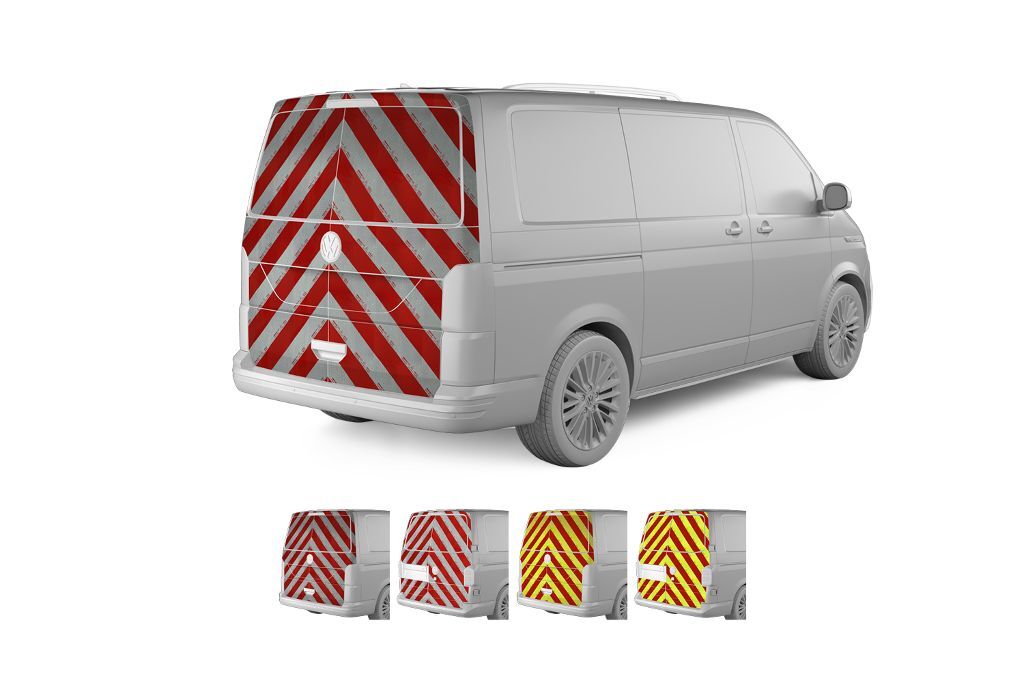 VW T6/T6.1, Baujahr 2024, Heckwarnmarkierung mit Variantenvorschau der Farben und Karosserie