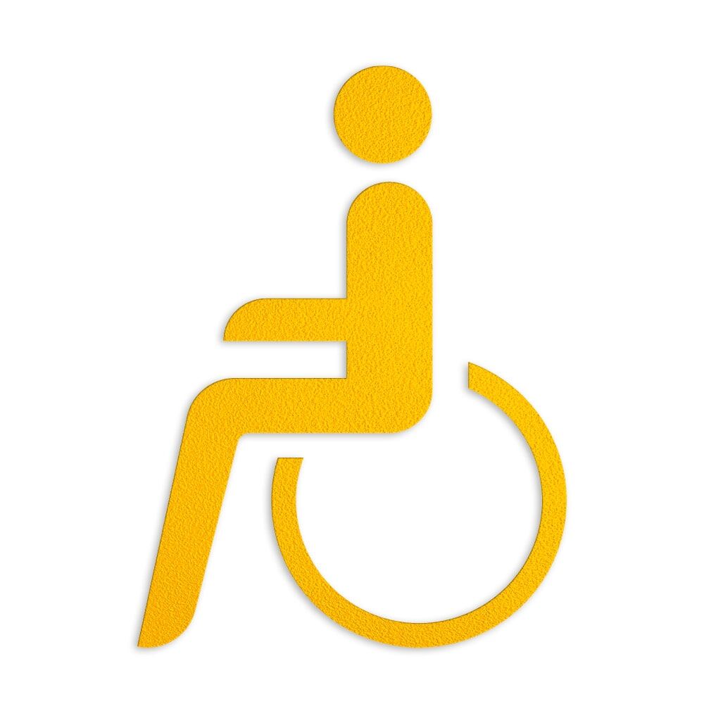 Gelbes Rollstuhlsymbol als Bodenmarkierung, strukturierte Oberfläche