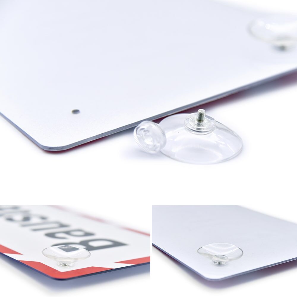 Detail: Hinweisschild-Ecke mit abschraubbaren Saugnäpfen für flexible Befestigung