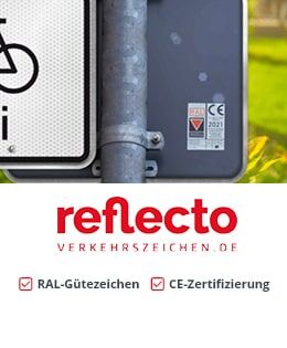 Das Bild zeigt eine Nahaufnahme eines Verkehrsschildrands mit einem CE-Zertifizierungsaufkleber. Unten ist das Logo "reflecto" mit der Webadresse "VERKEHRSZEICHEN.DE" und Hinweise auf RAL-Gütezeichen und CE-Zertifizierung zu sehen.