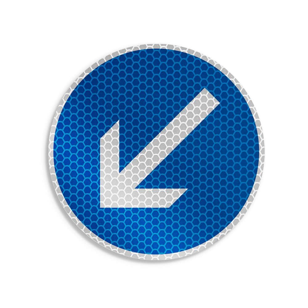 Aufkleber mit Pfeil links unten, VZ 222, Ø 10 cm, reflektierend, blau-weiß