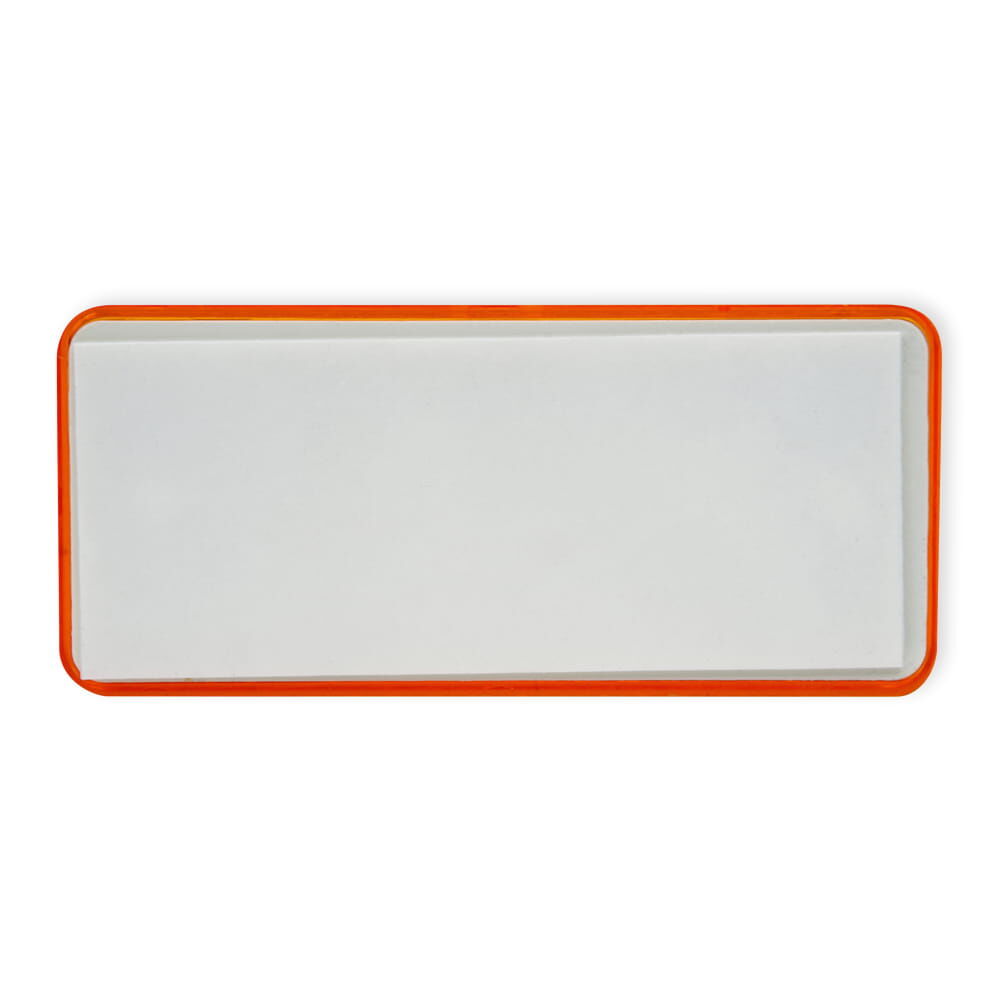 Rückseite: Reflektor 90×40 mm, selbstklebende weiße Fläche, oranger Rand