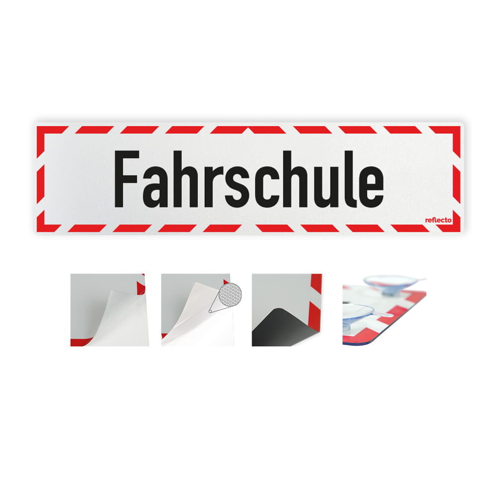 Hinweisschild „Fahrschule“ mit rot-weißem Rahmen, Variantenübersicht