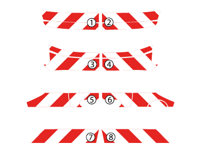 Beispielgrafik: Warnmarkierungssatz in acht Segmenten (1–8) mit rot-weißen Schrägstreifen.