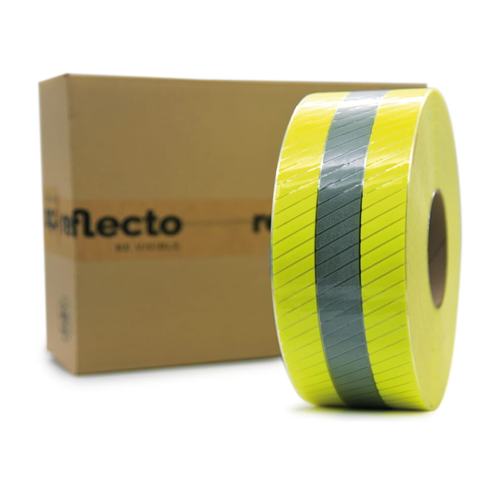 100 m Rolle 3M Scotchlite 5697, gelb-silber-gelb, vor reflecto-Karton. Rollenbreite 76,2 mm
