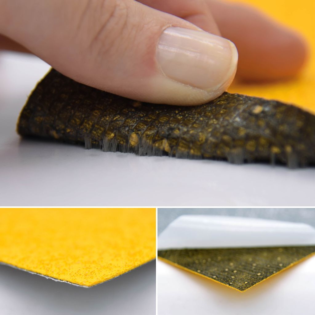 Collage aus drei  Bildern, welche die Ecken und Klebeseiten des Materials zeigen