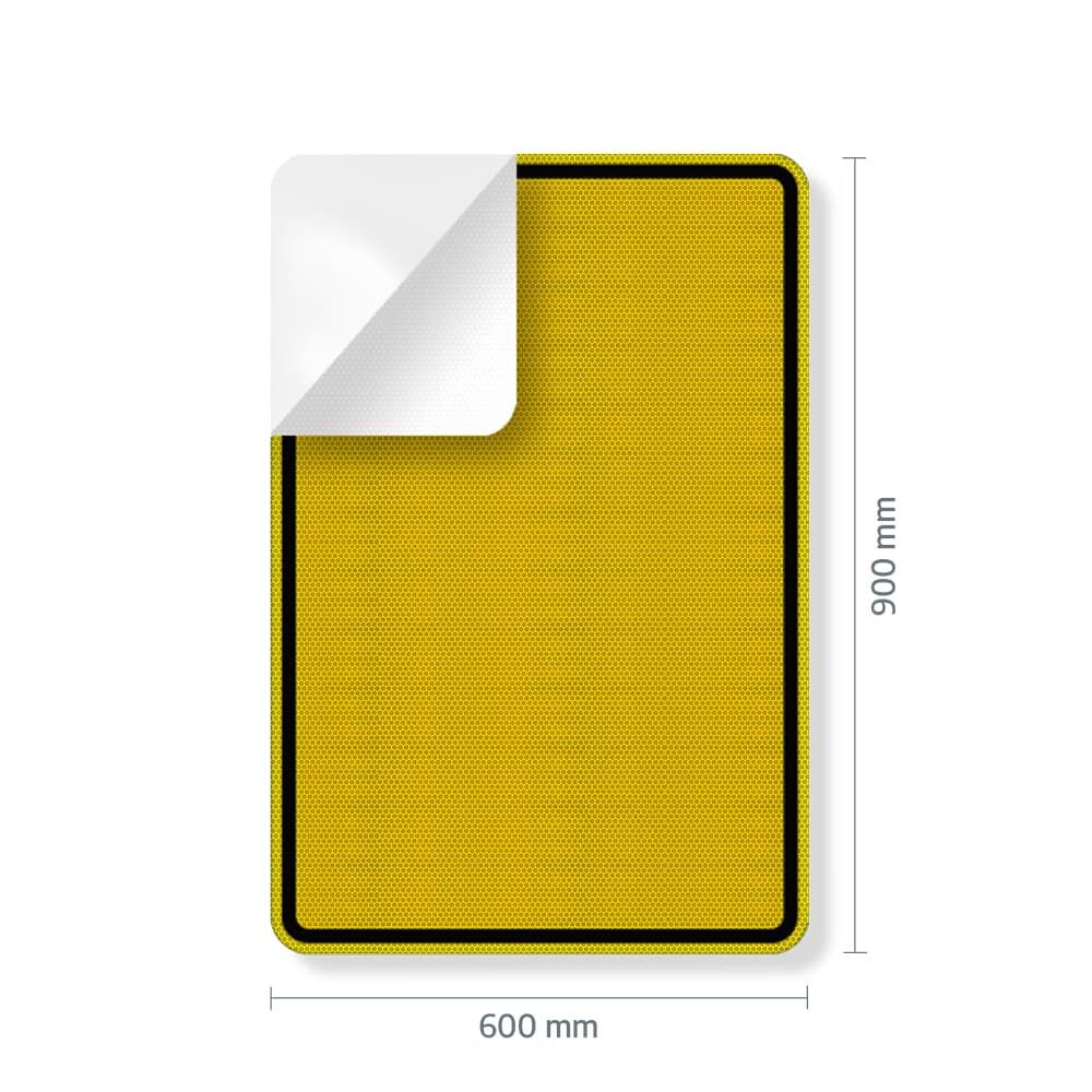 Folienfront mit abgezogener Ecke und Maß 600 × 900 mm, zeigt Trägerpapier und Größe