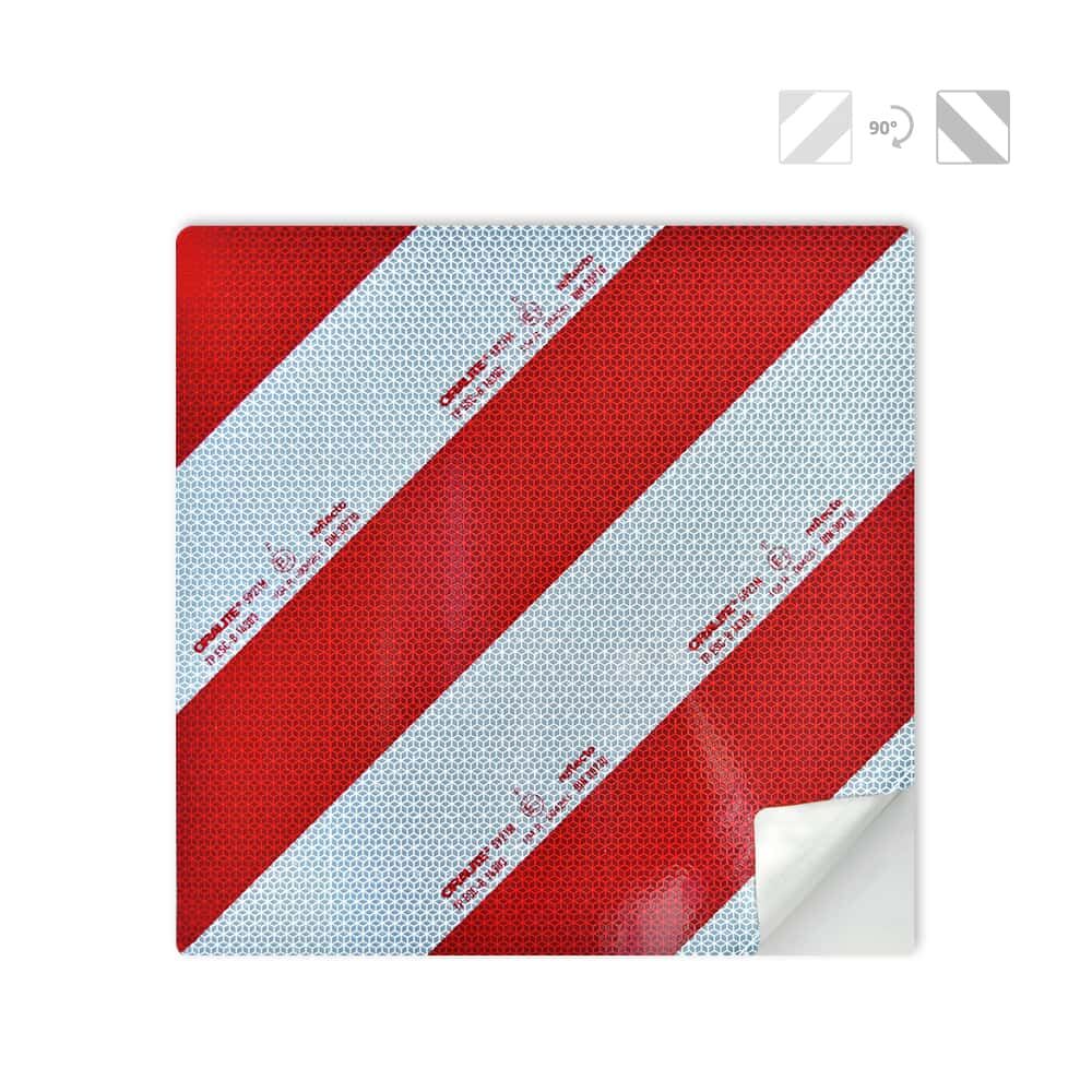 Rot/weiß selbstklebende Reflex-Warntafel für Überlänge/Überbreite, 282x282 mm, Ecke leicht abgelöst