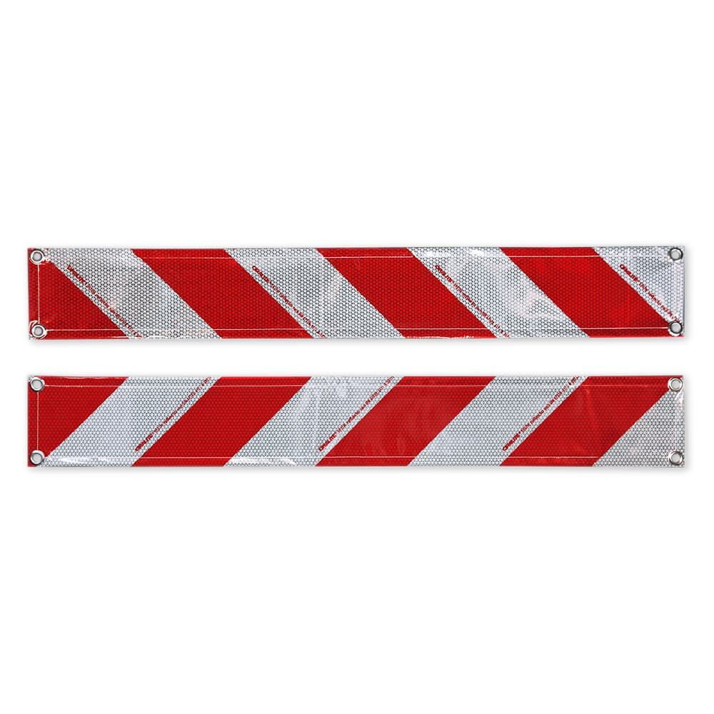 Zwei reflektierende Warnbanner mit diagonalen Streifen und Ösen, nebeneinander