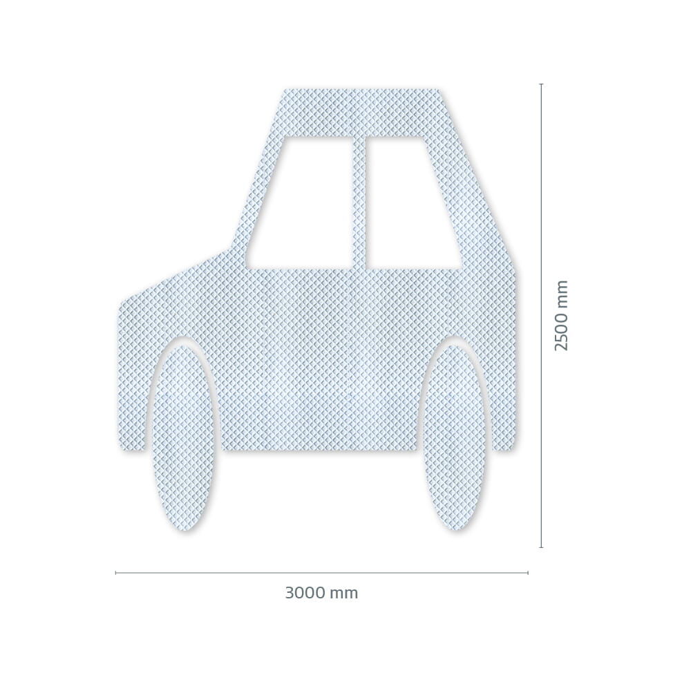 Pkw-Piktogramm aus weißer 3M Stamark Fahrbahnmarkierung mit Maßangaben: 3000 × 2500 mm