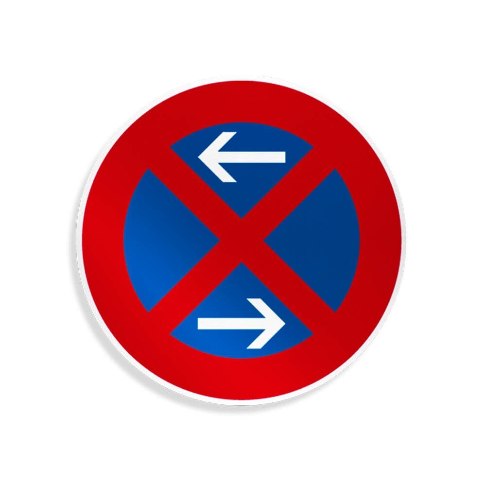 Rotes Halteverbot-Zeichen mit Pfeilen links/rechts auf blauem Grund, rund