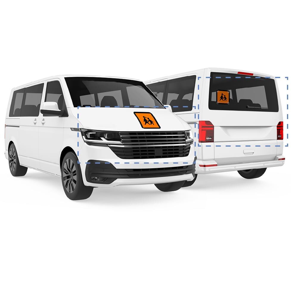 Platzierung des Schulbusschilds vorne und hinten am Schulbus dargestellt