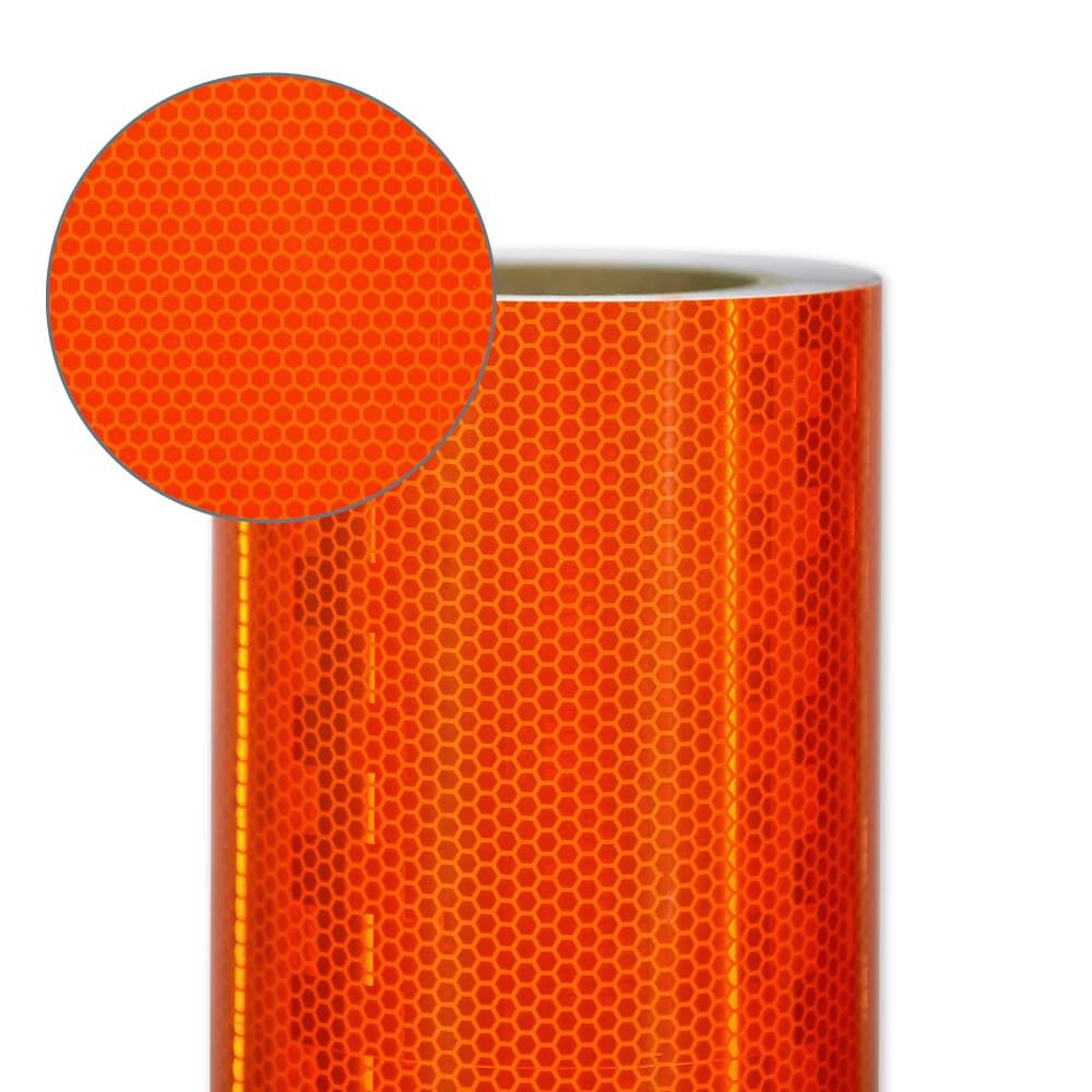Avery V-8000 Fluor-orange mit Lupenfenster: Nahansicht des wabenförmigen Mikroprismen-Musters