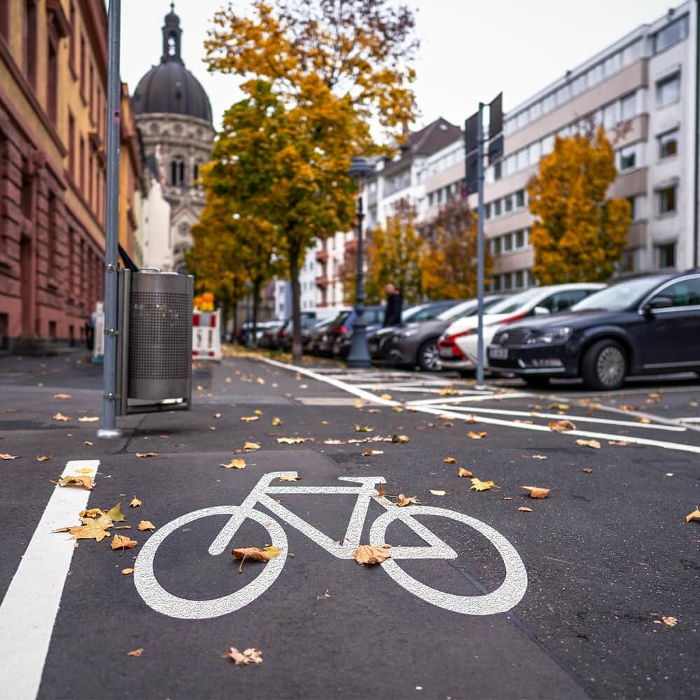 Weißes Fahrrad-Piktogramm aus 3M Stamark auf innerstädtischem Radweg mit Herbstlaub