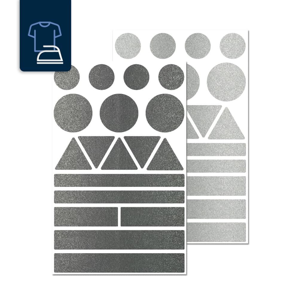 Zwei Bögen Reflex-Aufbügler Formenmix: Kreise, Dreiecke, Streifen in Metallic Schwarz/Silber